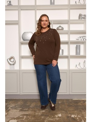 Rmg Büyük Beden Önü Taş Detay Bluz Kahve