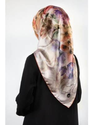 Violla Kirstal Sulu Boya Çiçek Desenli Taba Renkli 90X90 Eşarp (Ipek Içermez) Kenar Dikiş Şekli El Dikişli