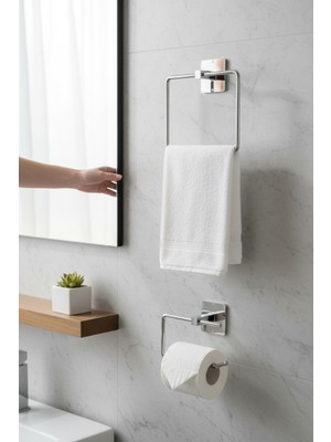 Alsi Home Yapışkanlı Gümüş Wc Kağıtlık ve Kare Havluluk Banyo Mutfak 2'li Set