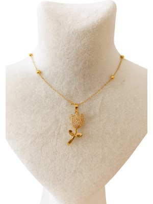 Altın Taşlı Lale Çelik Kolye