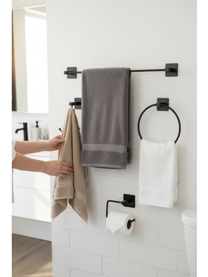 Alsi Home Yapışkanlı 4 Lü Siyah Uzun Havluluk Kancalı Askılık Wc Tuvalet Kağıtlık Yuvarlak Havluluk Banyo Set