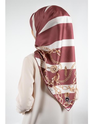 Violla Twill Çizgili Zincir Desenli Pudra Renkli 90X90 Eşarp (Ipek Içermez) Kenar Dikiş Şekli El Dikişli