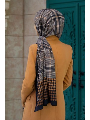 Vissona Lüks Medine Ipeği Ekoseli Kazayak Desenli Hardal Renkli 75X195 Kırışmaz Şal Moss Krep Dikiş Tipi Italyan Dikişli