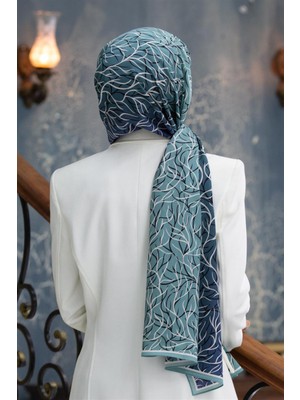 Vissona Lüks Medine Ipeği Geometrik Desenli Mint Yeşili Renkli 75X195 Kırışmaz Şal Moss Krep Dikiş Tipi Italyan Dikişli