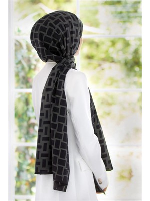 Vissona Lüks Medine Ipeği Kareli Desenli Füme Renkli 75X195 Kırışmaz Şal Moss Krep Dikiş Tipi Italyan Dikişli