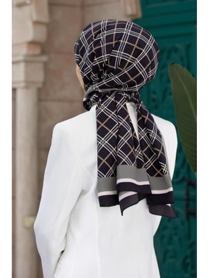 Vissona Lüks Medine Ipeği Ekose Desenli Siyah - Gri Renkli 75X195 Kırışmaz Şal Moss Krep Dikiş Tipi Italyan Dikişli