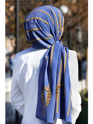 Vissona Lüks Medine Ipeği Zincir Desenli Indigo Renkli 75X195 Kırışmaz Şal Moss Krep Dikiş Tipi Italyan Dikişli