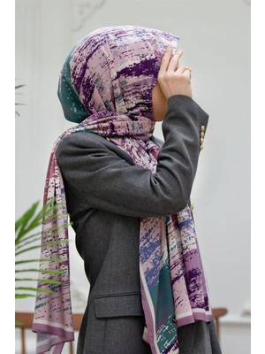 Vissona Lüks Medine Ipeği Fırça Desenli Lila Renkli 75X195 Kırışmaz Şal Moss Krep Dikiş Tipi Italyan Dikişli