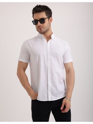 Doğal Dokulu Flam Keten Kumaş Casual Kısa Kollu Erkek Gömlek