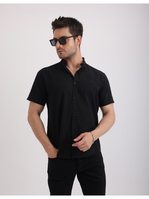 Doğal Dokulu Flam Keten Kumaş Casual Kısa Kollu Erkek Gömlek