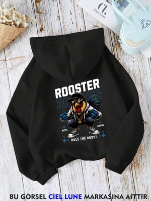 Nevermind Unisex Rooster Baskılı Oversize Baskılı Kapşonlu Sweatshirt 3 Iplik