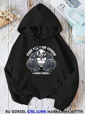 Nevermind Panda Power Gym Baskılı Oversize Unisex Kapüşonlu Sweatshirt
