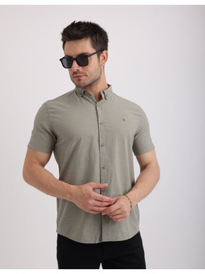 Doğal Dokulu Flam Keten Kumaş Casual Kısa Kollu Erkek Gömlek