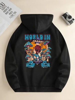 Nevermind Unisex World In Baskılı Oversize Baskılı Kapşonlu Sweatshirt 3 Iplik