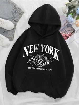 NEVERMIND Unisex New York Baskılı Oversize Baskılı Kapşonlu Sweatshirt 3 Iplik
