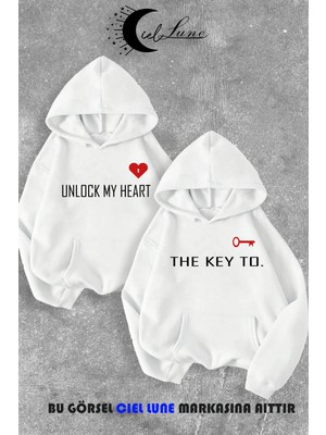 Nevermind Sevgili Çift Kombin Key to Yazı Baskılı Renk Kapüşonlu Sweatshirt 2'li Set Takım Beyaz