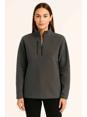 Silerra Kadın Polar Kazak – Dik Yaka, Yarım Fermuarlı, Fermuarlı Göğüs Cepli, Siyah Biyeli, Kışlık Rahat Regular Fit Günlük Model - Füme