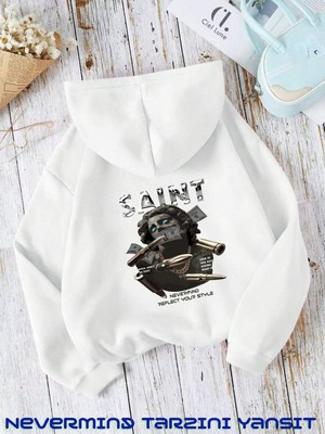 Unisex Saint Nevermind Slogan Baskılı Oversize Baskılı Kapşonlu Sweatshirt 3 Iplik