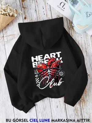 NEVERMIND Unisex Heart Break Baskılı Oversize Baskılı Kapşonlu Sweatshirt 3 Iplik