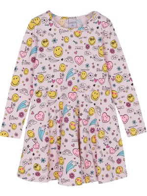 Lovetti Kız Çocuk Friendly Smile Desen Uzun Kol Elbise