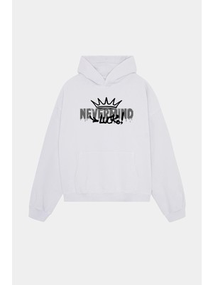 NEVERMIND Unisex Beyaz Kapüşonlu Sweatshirt - Luck Baskılı Oversize Hoodie