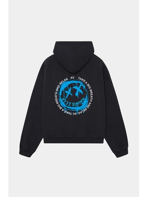 NEVERMIND Unisex Siyah Kapüşonlu Sweatshirt - Mavi Baskılı Oversize Hoodie
