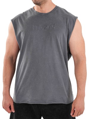 Kingsize Nutrition Kingsize Darksteel Antik Yıkamalı Kolsuz T-Shirt Füme