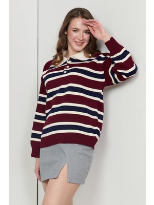 FullaModa Şeritli Yarım Düğmeli Polo Yaka Triko Kazak