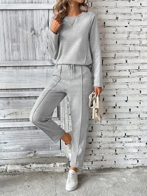 Gökyüzü Moda Kadın Uzun Kollu Yanları Nervurlu Viskon Iki Iplik ve Pantolon Ikili Takım