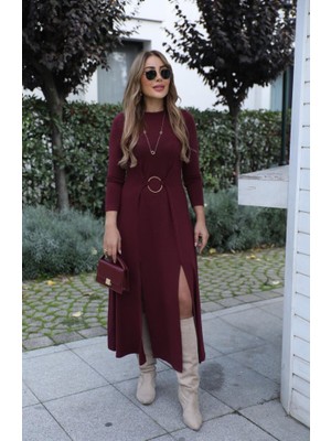 Nidam Butik Kadın Uzun Kollu Bisiklet Yaka Önden Halka Detaylı Yırtmaçlı Uzun Viskon Iki Iplik Elbise