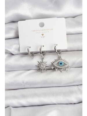 Göz Gümüş Renk Pirinç 3'lü Kadın Küpe Seti - TJ-BKP11440