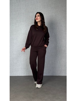 Nidam Butik Kadın Uzun Kollu Bisiklet Yaka Viskon Iki Iplik Bluz ve Pantolon Ikili Takım