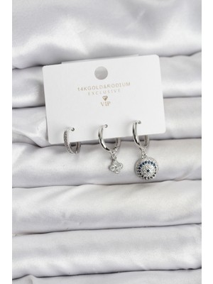 Nazar Gümüş Renk Pirinç 3'lü Kadın Küpe Seti - TJ-BKP11442