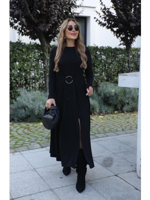 Arben Boutique Kadın Uzun Kollu Bisiklet Yaka Önden Halka Detaylı Yırtmaçlı Uzun Viskon Iki Iplik Elbise