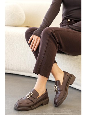 Stilbagshoes Elnora Çift Toka Detaylı Leofer Kadın Günlük Ayakkabı Kahve