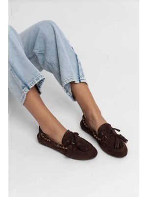 Stilbagshoes Adeline Yan Boncuk Detaylı Hakiki Deri Kadın Babet Kahve