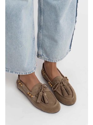 Stilbagshoes Adeline Yan Boncuk Detaylı Hakiki Deri Kadın Babet Vizon