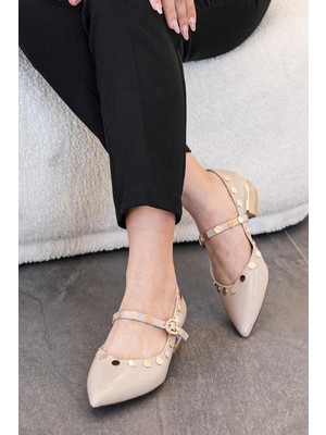 Stilbagshoes Allie Pim Taş Detaylı Topuklu Kadın Babet Bej