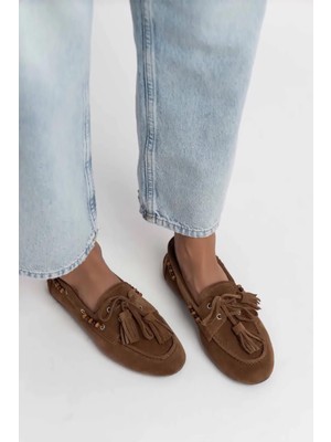 Stilbagshoes Adeline Yan Boncuk Detaylı Hakiki Deri Kadın Babet Taba