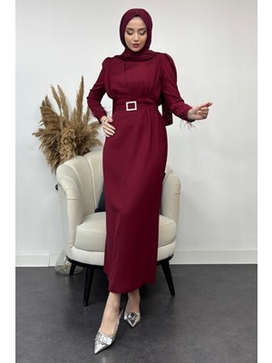 Tesettür Diyarı Krep Kumaş Kollu Tüylü Abiye-Bordo