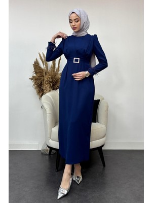Tesettür Diyarı Krep Kumaş Kollu Tüylü Abiye-Lacivert