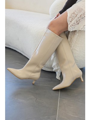 Stilbagshoes Jade Pino Ökçe Kroko Deri Rugan Kadın Çizme Bej