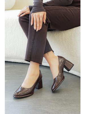 Stilbagshoes Flossie Kroko Desenli Platform Kadın Topuklu Ayakkabı Kahve