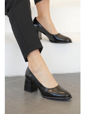 Stilbagshoes Flossie Kroko Desenli Platform Kadın Topuklu Ayakkabı Siyah