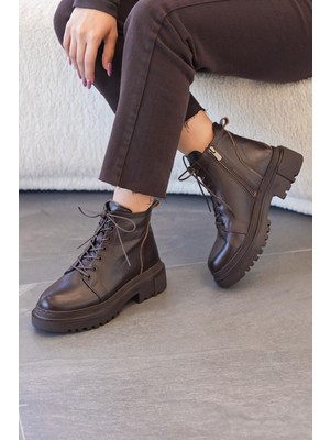 Stilbagshoes Olga Poli Taban Bağcıklı Hakiki Deri Kadın Bot Kahve