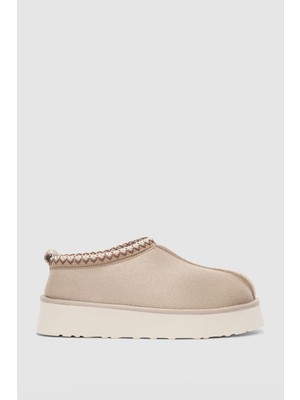 Selin Shoes Velina Içi Kürklü Düz Taban Kadın Terlik- Bej Süet