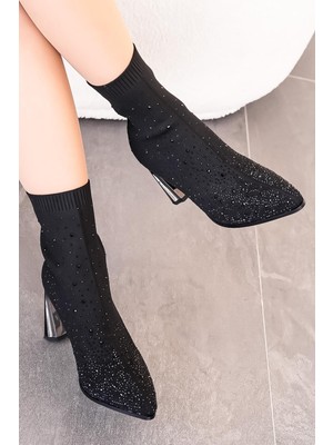 Caroline Orijinal Kriste Bell Ithal Özel Seri Taş Detaylı Triko Topuklu Kadın Bot Siyah