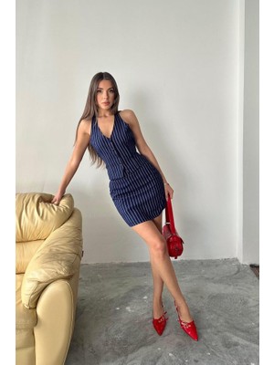 Bosel Lacivert Çizgili Yelek ve Etek Takım
