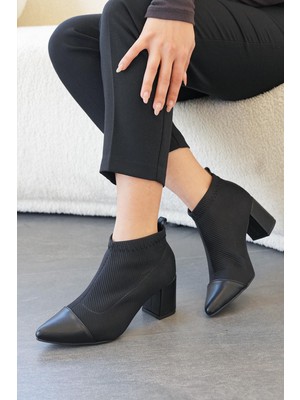 Stilbagshoes Tiffany Ön Deri Detaylı Triko Topuklu Kadın Bot Siyah