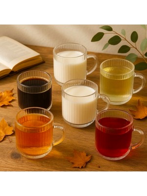 6' Lı Kulplu Borosilikat Çizgili Cam Kahve Çay Kupa Bardağı 100 ml (Brillant)